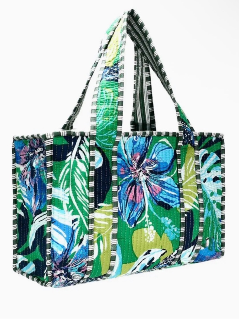 100% Cotton Handmade Green Floral Tropical Beach Tote Bag Summer Resort Vacation - Picture 2 of 8